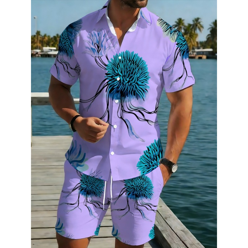 Printed Floral Shirt - Męski zestaw: koszula hawajska i szorty,