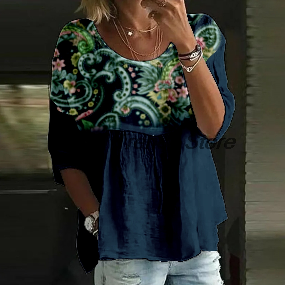 Printed Floral Shirt - Damska bluzka z kwiatowym nadrukiem, rękaw