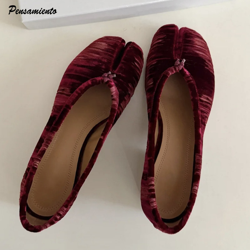 Vintage Fashion Ladies - Modne plisowane flanelowe baleriny z dzielonym