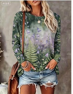 Printed Floral Shirt - Damska koszulka z długim rękawem, gradientowe